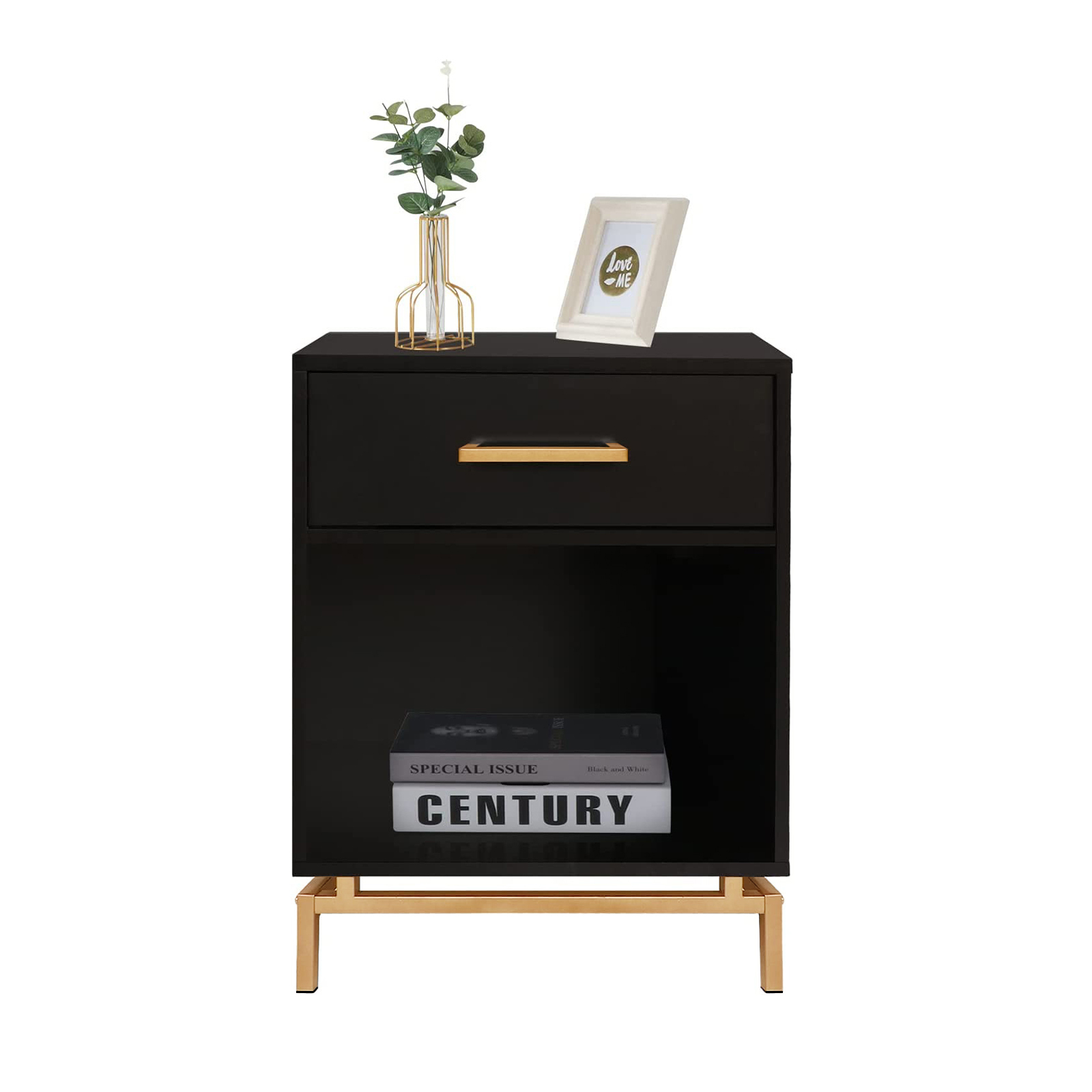 Anmytek Wood Nightstand, 25" H Mid Century Modern Nightstand Bedside Table with Drawer for Bedroom Living Room Black, H0065