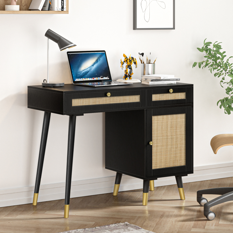 Anmytek Rattan Vanity Desk with Drawers and Storage, Black Makeup Vanity Table Modern Home Office Desk Computer Desk for Bedroom Study D0005