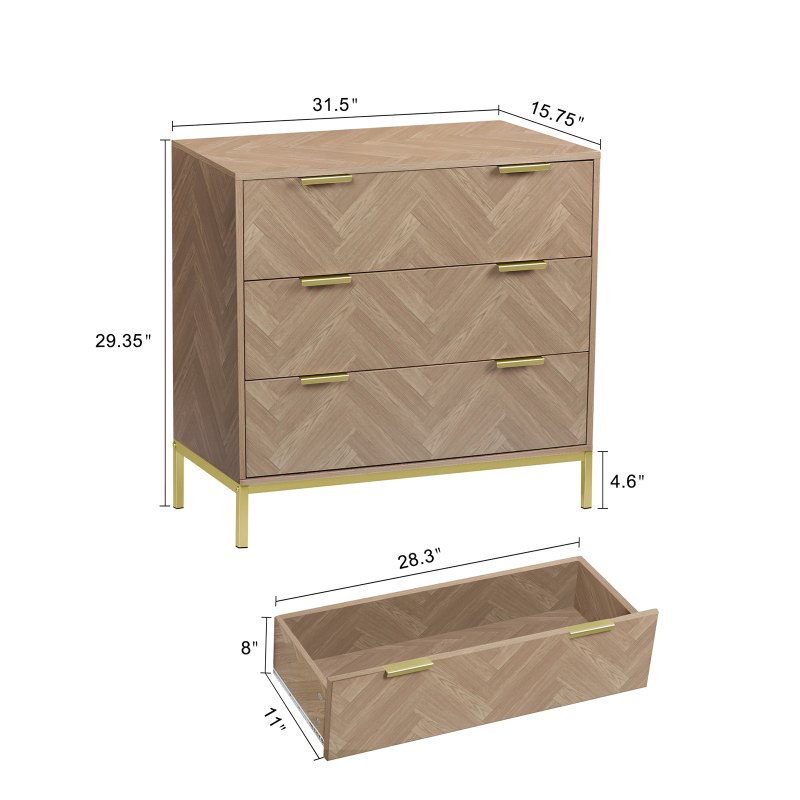 Anmytek Modern 3 Drawer Chest Dresser, Mid Century Natural Oak Organizer Bedroom Furniture with Gold Metal Legs H0037