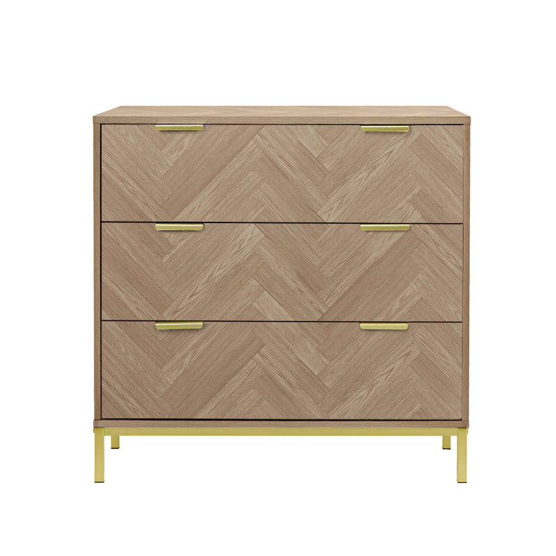 Anmytek Modern 3 Drawer Chest Dresser, Mid Century Natural Oak Organizer Bedroom Furniture with Gold Metal Legs H0037