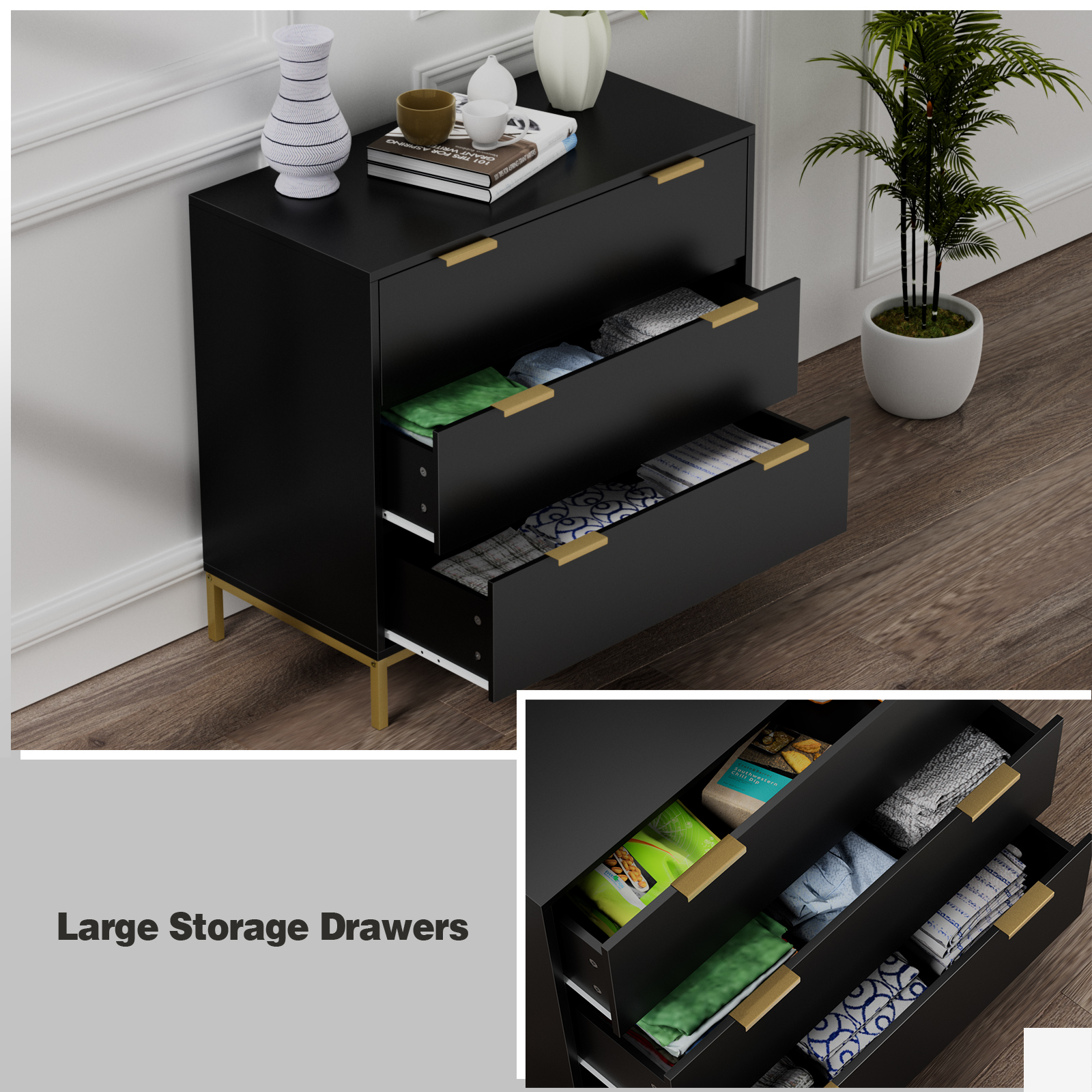 Anmytek Black Dresser for Bedroom, 3 Drawer Dresser with Spacious Storage Modern Wood Chest of Drawers for Bedroom Living Room Hallway H0073