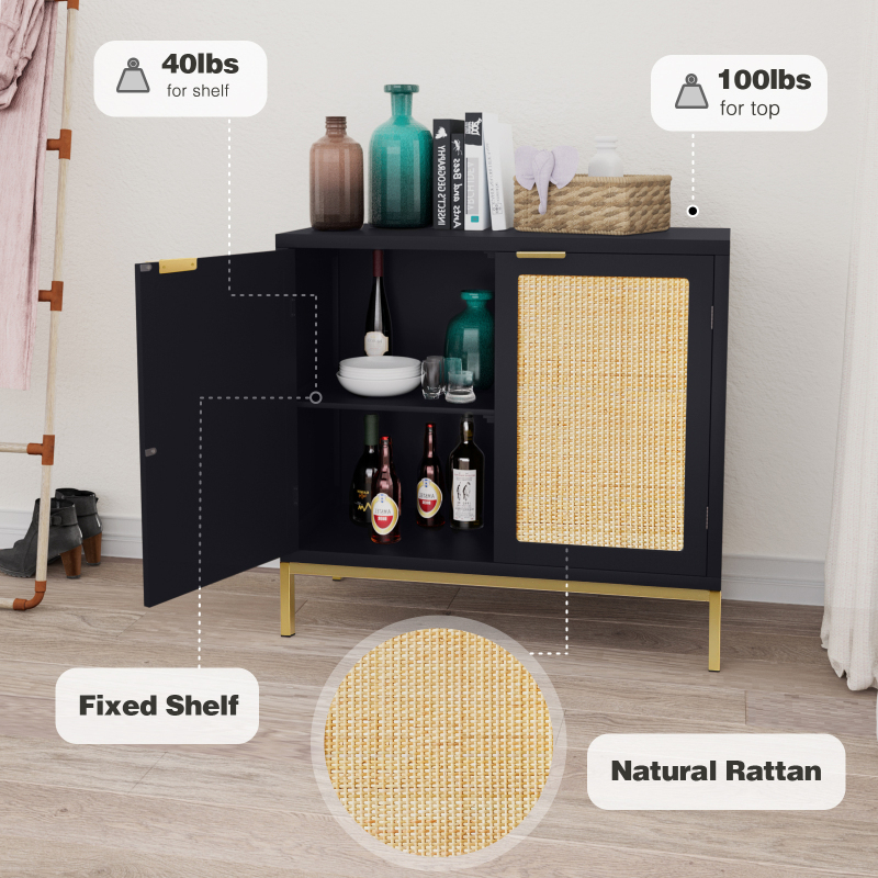 Anmytek Black Rattan Cabinet with Storage, Sideboard Storage Cabinet with 2 Rattan Decorated Doors Fixed Shelf Large Space Wood Cabinet for Living Room Entryway Hallway Dining Room H0047