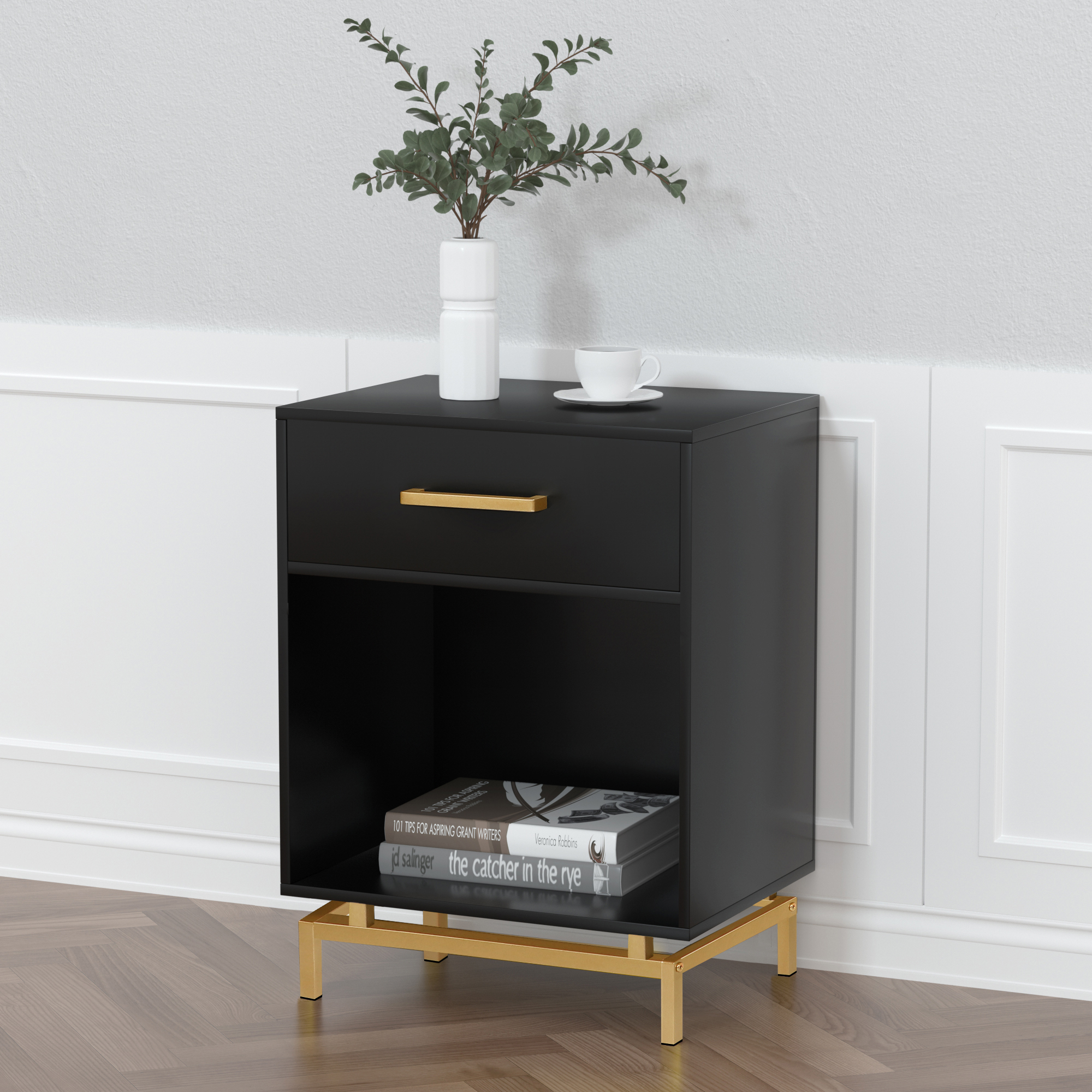 Anmytek Wood Nightstand, 25" H Mid Century Modern Nightstand Bedside Table with Drawer for Bedroom Living Room Black, H0065