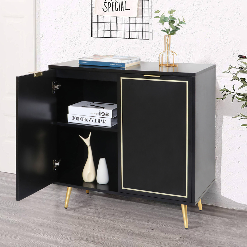 Anmytek Modern 2 Doors Accent Cabinet, Mid Century Kitchen Buffet Sideboard Black Storage Cabinet with Adjustable Shelf and Golden Legs H0042