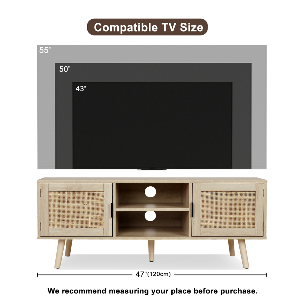 Universal Wood TV Stand with 2 Rattan Doors, Farmhouse Boho Media Console Table Rustic Oak Finish for Living Room, H0015