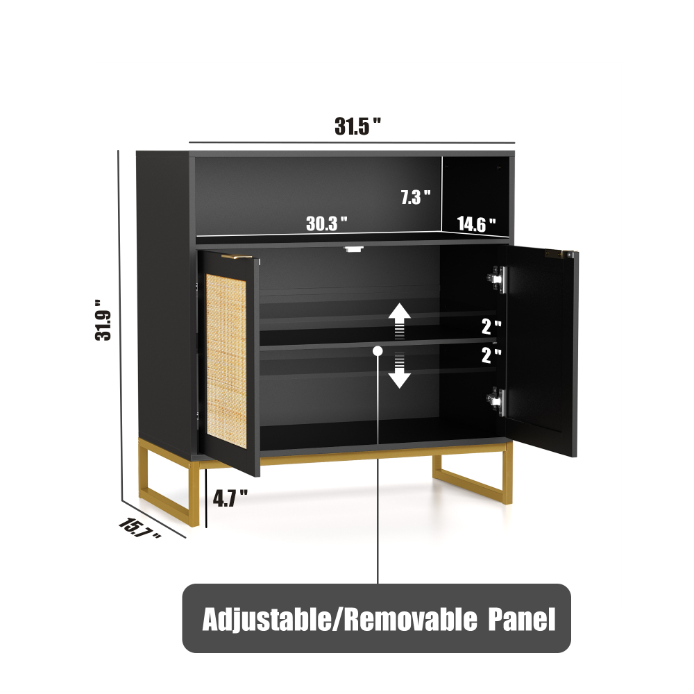 Anmytek Rattan Cabinet, Storage Cabinet with Doors and Open Shelf Sideboard Buffet Cabinet for Dining Room Living Room Hallway Black H0068