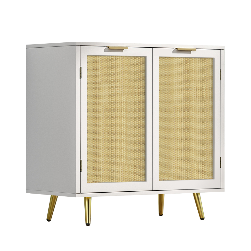 Rattan Storage Cabinet, Modern White Sideboard Buffet Cabinet Accent Cabinet with 2 Doors and Adjustable Shelf for Living Room Kitchen Hallway H0059
