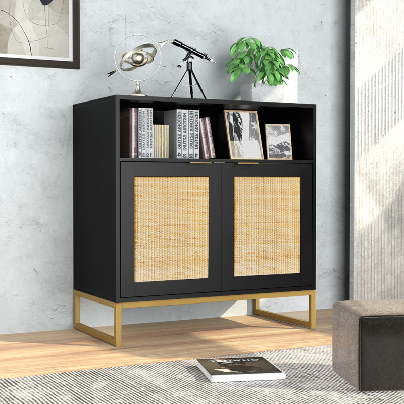 Anmytek Rattan Cabinet, Storage Cabinet with Doors and Open Shelf Sideboard Buffet Cabinet for Dining Room Living Room Hallway Black H0068