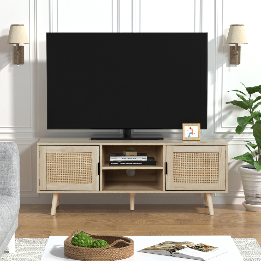 Universal Wood TV Stand with 2 Rattan Doors, Farmhouse Boho Media Console Table Rustic Oak Finish for Living Room, H0015