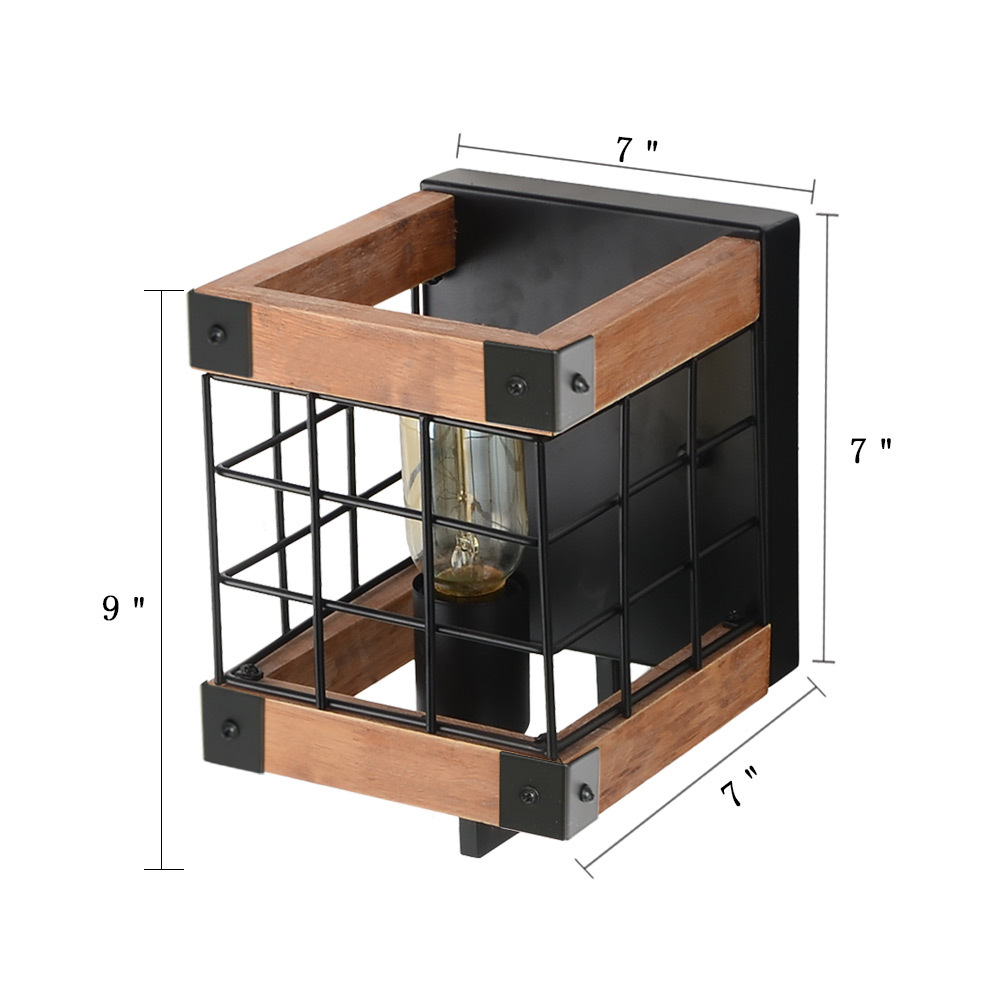Anmytek Cube Wood Wall Lamp with Iron Mesh Cover Industrial Wall Sconce, Vintage Stylish Bathroom Lighting Log Cabin Home Retro Edison Sconce Lighting Fixtures 1-Light, Brown(W0043)