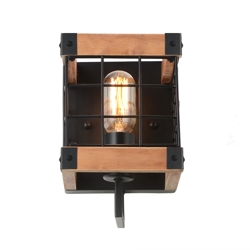 Anmytek Cube Wood Wall Lamp with Iron Mesh Cover Industrial Wall Sconce, Vintage Stylish Bathroom Lighting Log Cabin Home Retro Edison Sconce Lighting Fixtures 1-Light, Brown(W0043)