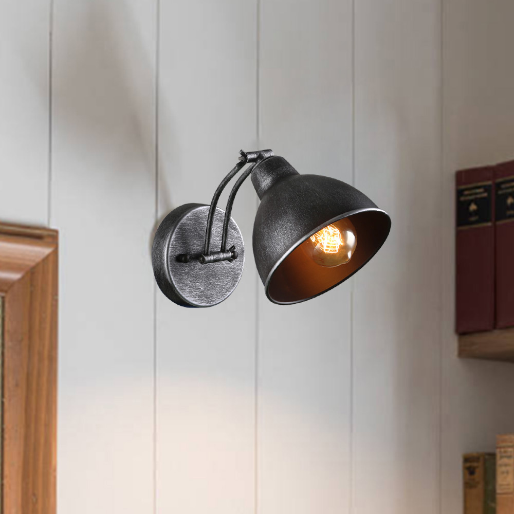 Anmytek Adjustable Swing Wall Lamp Arm Metal Wall Light Sconce with Metal Shade Silver Rubbed Finished Bedroom Reading Lights Vintage Industrial Edison Sconce Lighting Fixtures 1-Light (W0040)