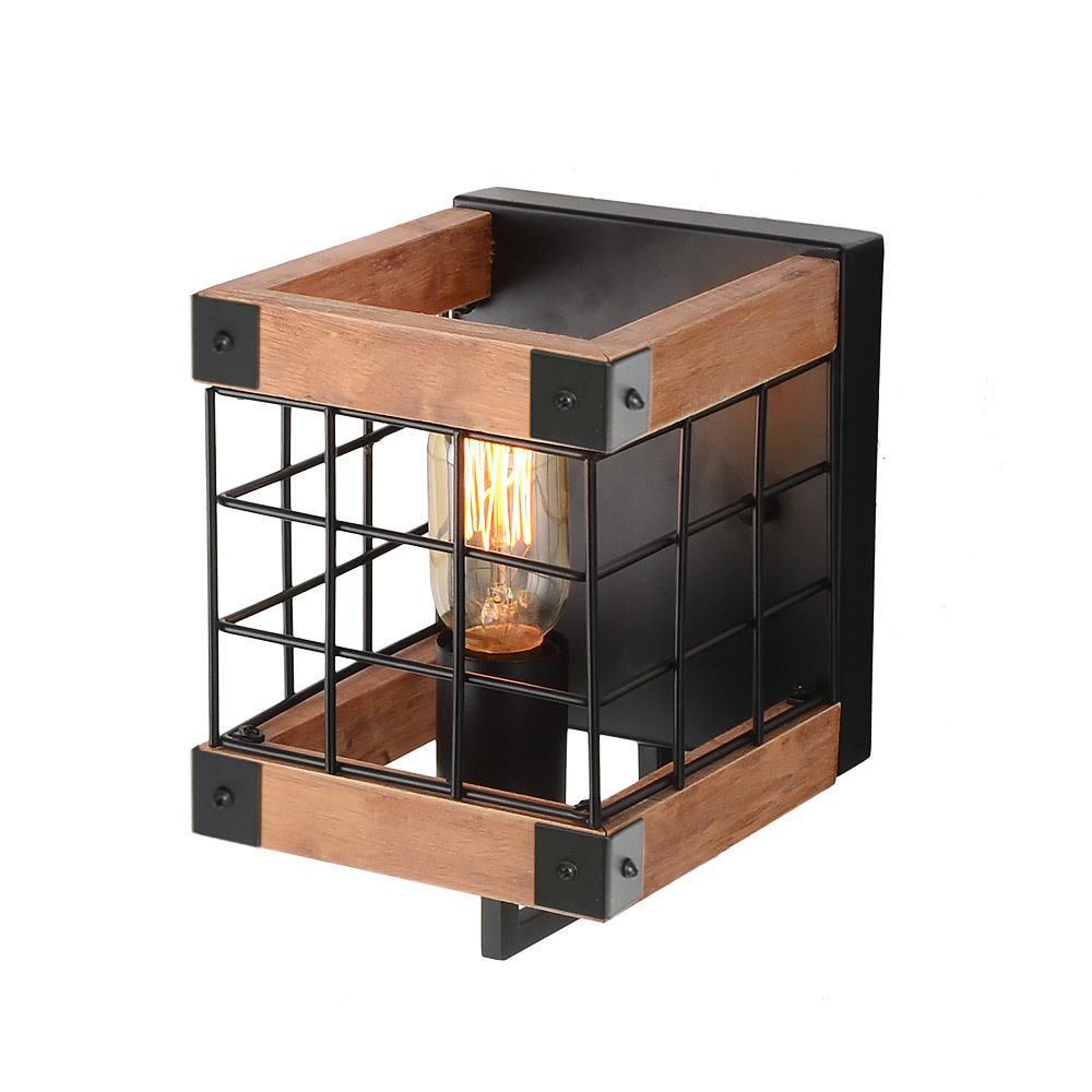 Anmytek Cube Wood Wall Lamp with Iron Mesh Cover Industrial Wall Sconce, Vintage Stylish Bathroom Lighting Log Cabin Home Retro Edison Sconce Lighting Fixtures 1-Light, Brown(W0043)