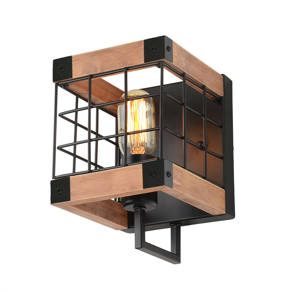 Anmytek Cube Wood Wall Lamp with Iron Mesh Cover Industrial Wall Sconce, Vintage Stylish Bathroom Lighting Log Cabin Home Retro Edison Sconce Lighting Fixtures 1-Light, Brown(W0043)