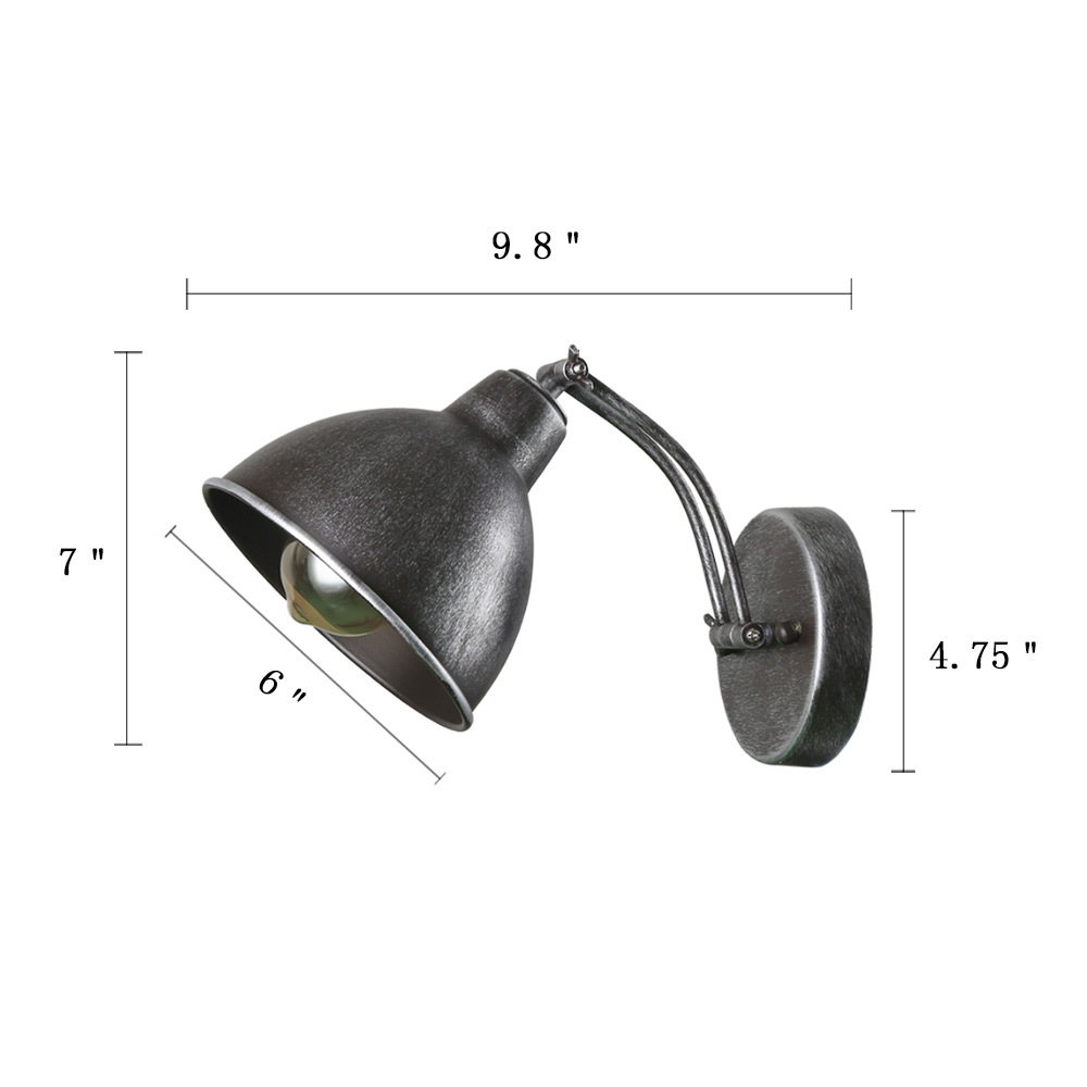 Anmytek Adjustable Swing Wall Lamp Arm Metal Wall Light Sconce with Metal Shade Silver Rubbed Finished Bedroom Reading Lights Vintage Industrial Edison Sconce Lighting Fixtures 1-Light (W0040)