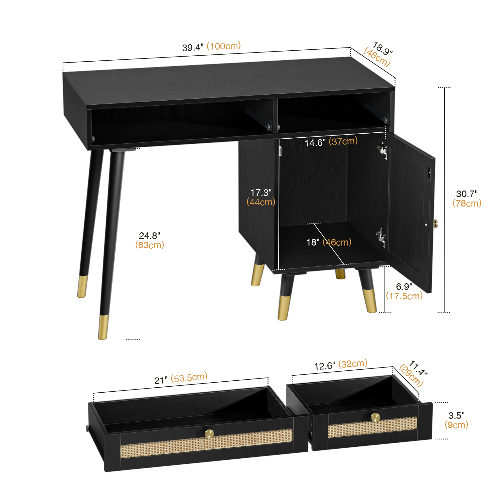Anmytek Rattan Vanity Desk with Drawers and Storage Office Desk Computer Desk
