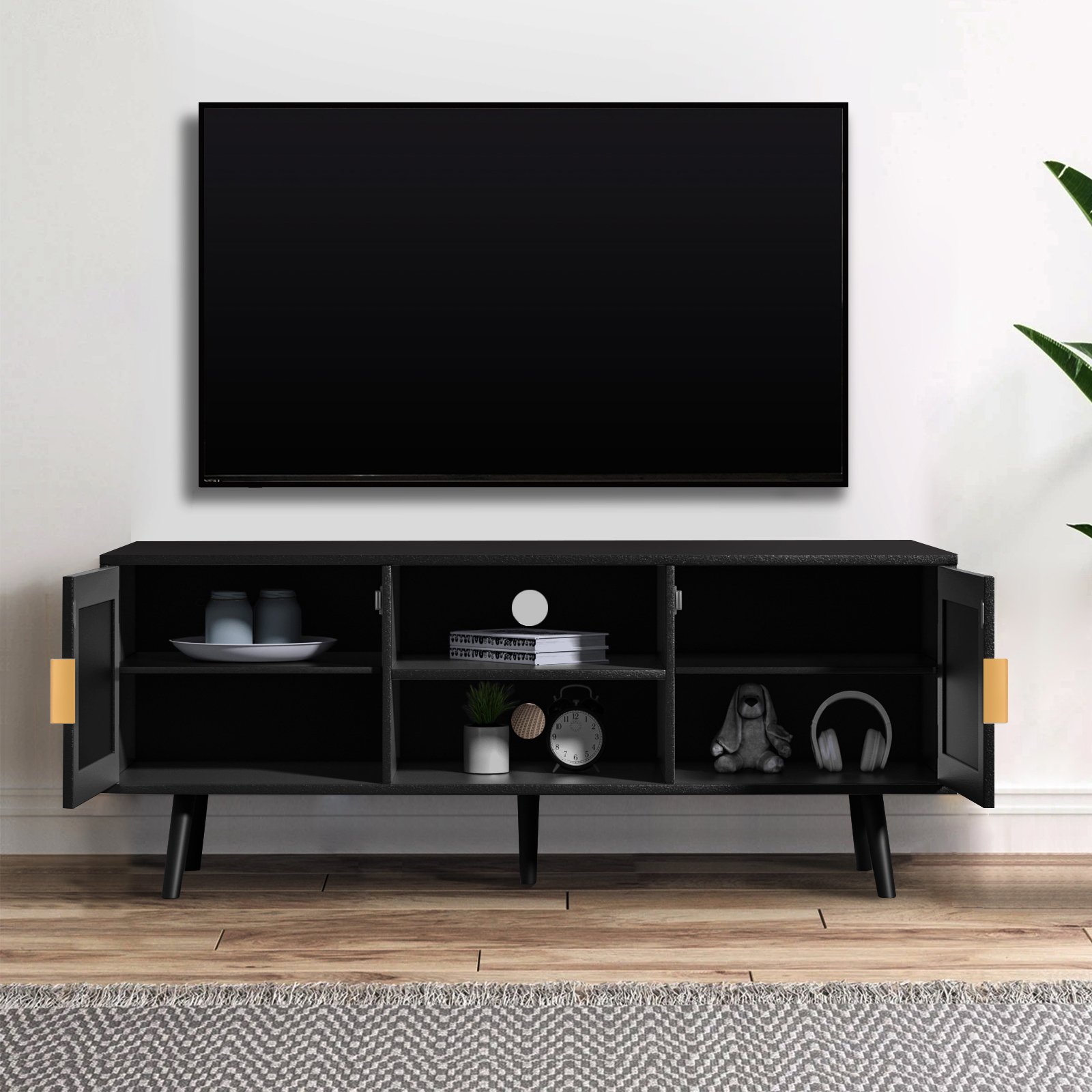 Anmytek Rattan TV Stand for 55 Inches TV Mid Century Modern
