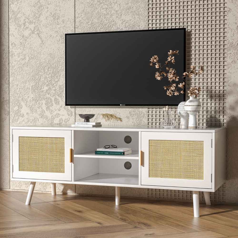 Wood TV Stand with 2 Rattan Doors Console Table