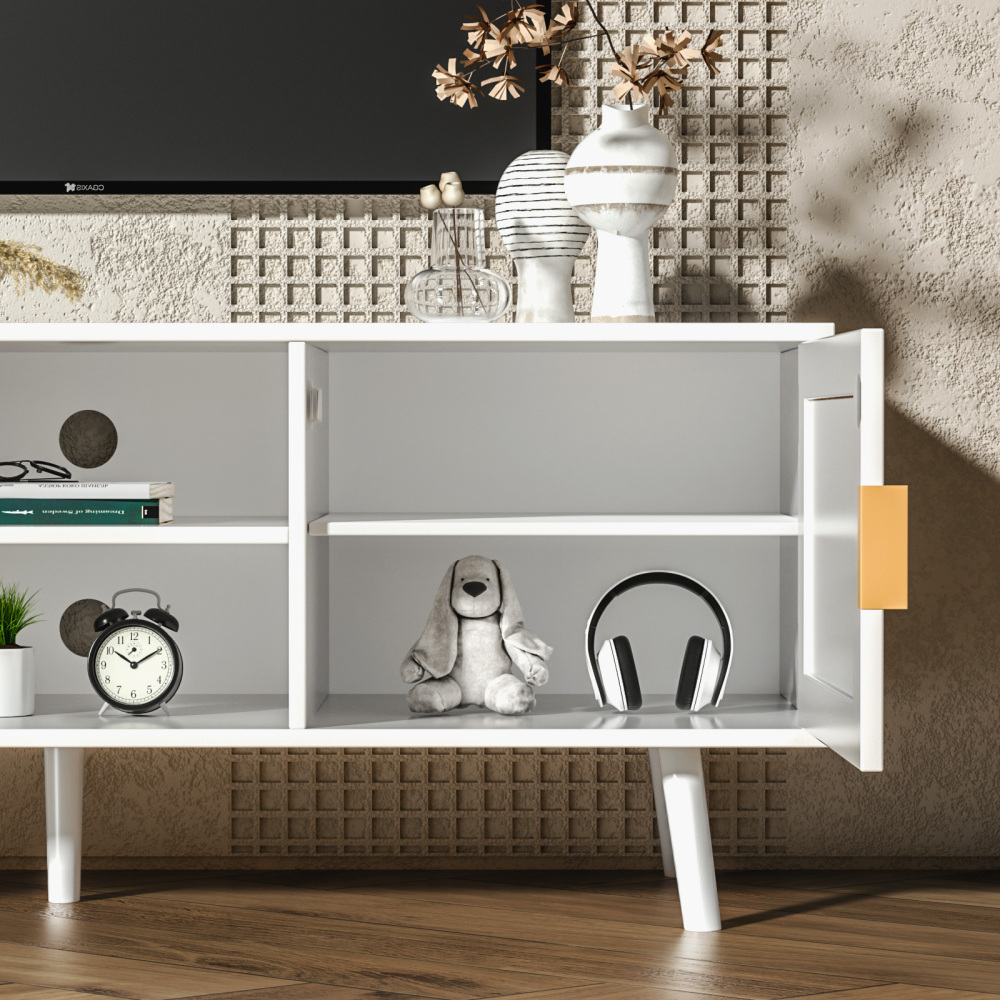 Wood TV Stand with 2 Rattan Doors Console Table