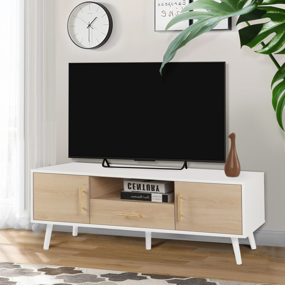 Anmytek Wood TV Stand with 2 Rattan Doors Console Table