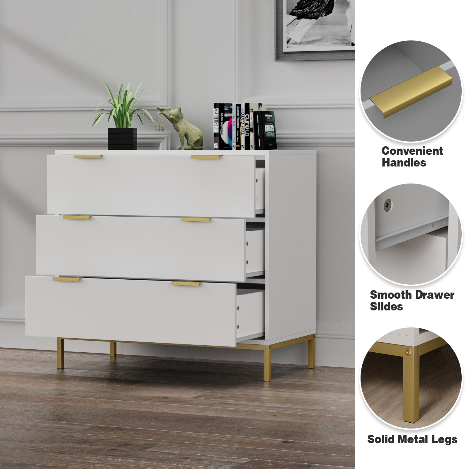 Anmytek Modern 3 Drawer Chest Dresser with Gold Metal Legs