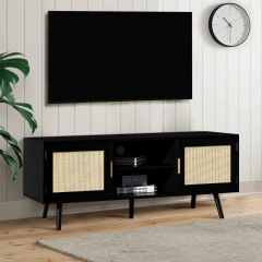 Anmytek Farmhouse Rattan TV Stand for 55 Inches TV Entertainment Center with Storage Cabinet