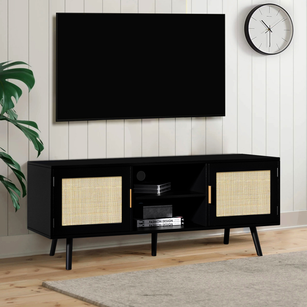 Wood TV Stand with 2 Rattan Doors Console Table