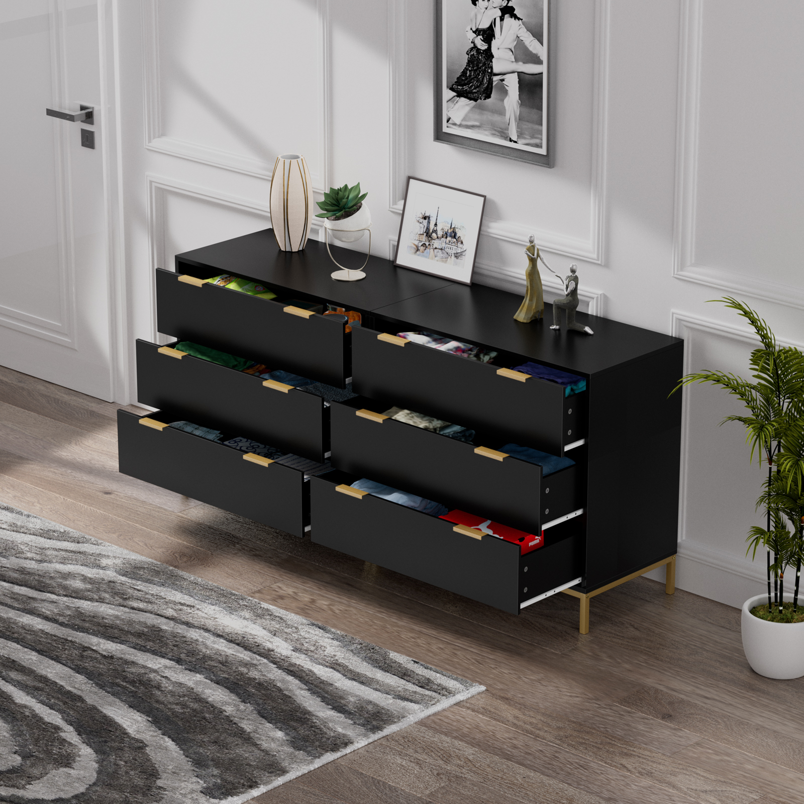 Anmytek Modern 3 Drawer Chest Dresser with Gold Metal Legs