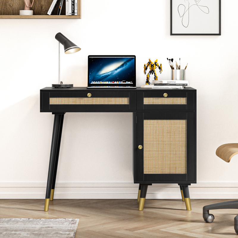 Anmytek Rattan Vanity Desk with Drawers and Storage Office Desk Computer Desk