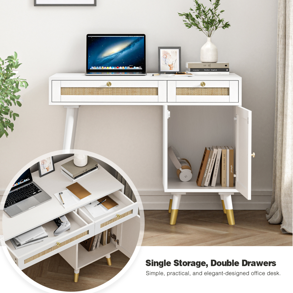 Anmytek Rattan Vanity Desk with Drawers and Storage Makeup Home Office Desk