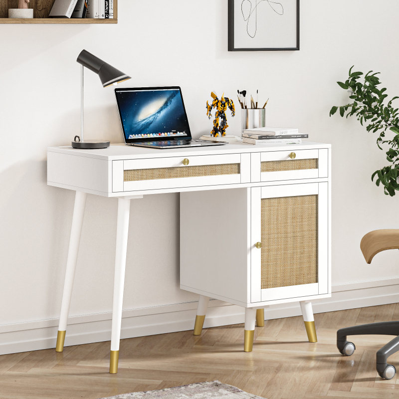 Anmytek Rattan Vanity Desk with Drawers and Storage Makeup Home Office Desk