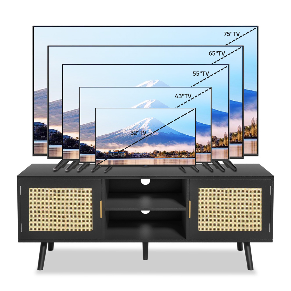 Wood TV Stand with 2 Rattan Doors Console Table