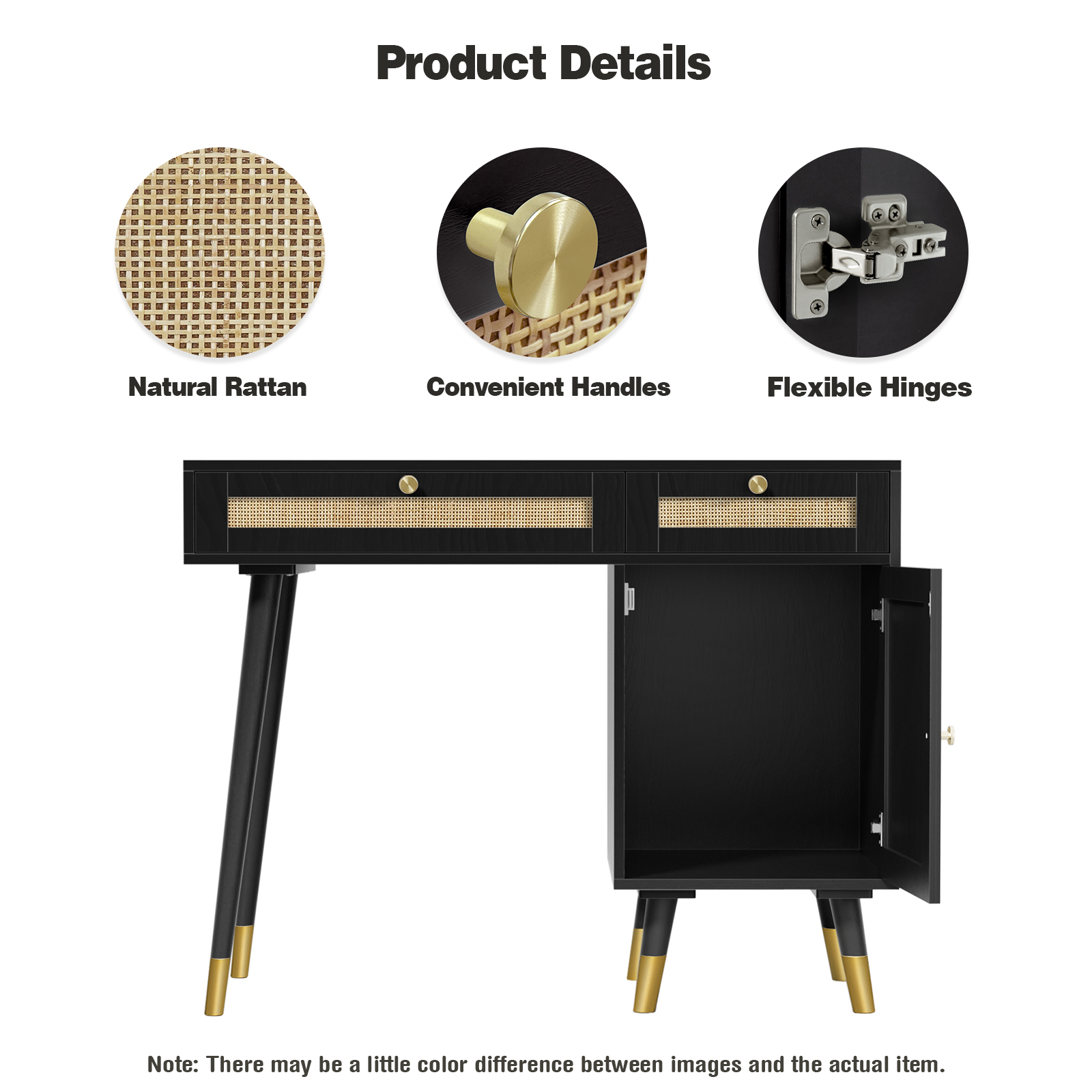 Anmytek Rattan Vanity Desk with Drawers and Storage Office Desk Computer Desk