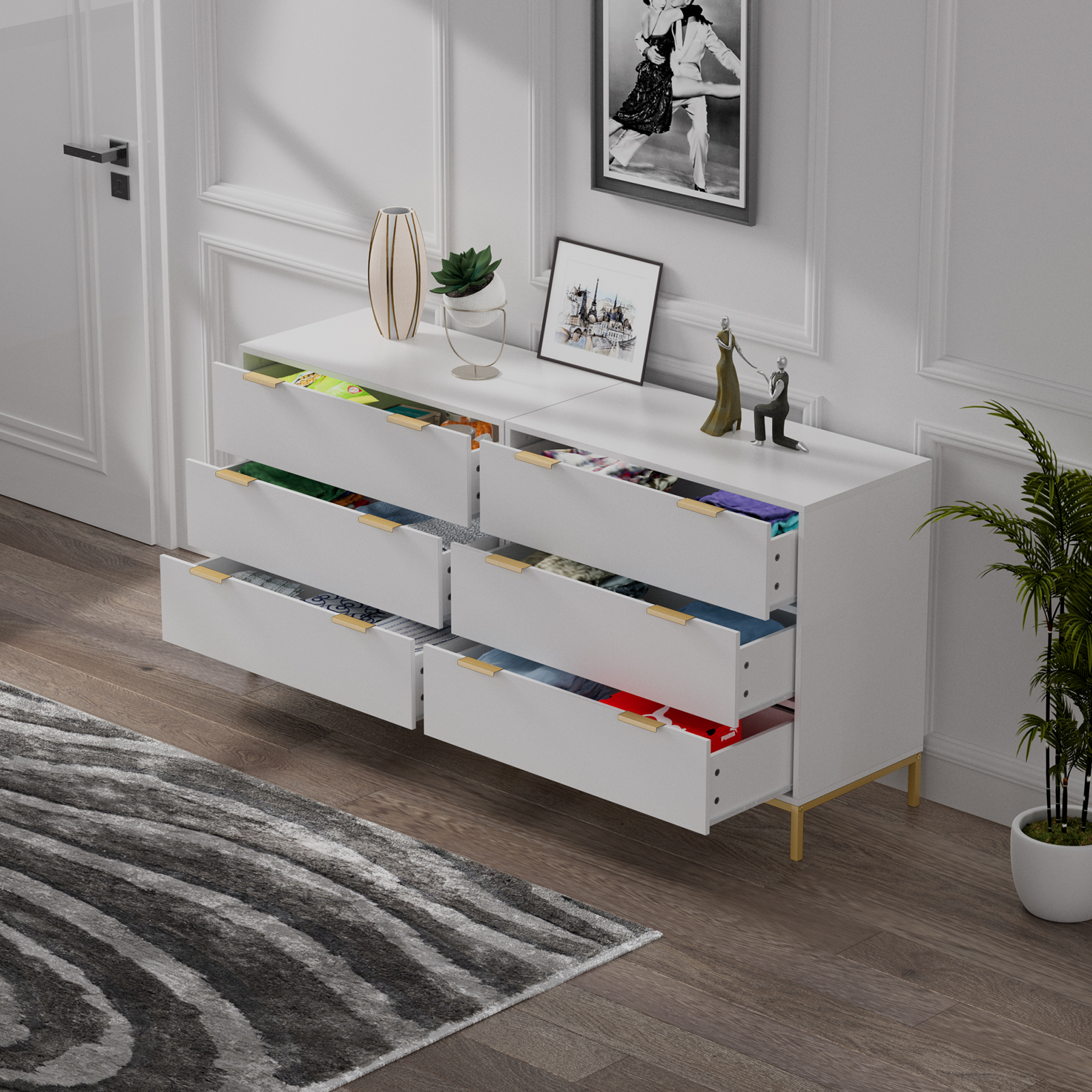 Anmytek Modern 3 Drawer Chest Dresser with Gold Metal Legs