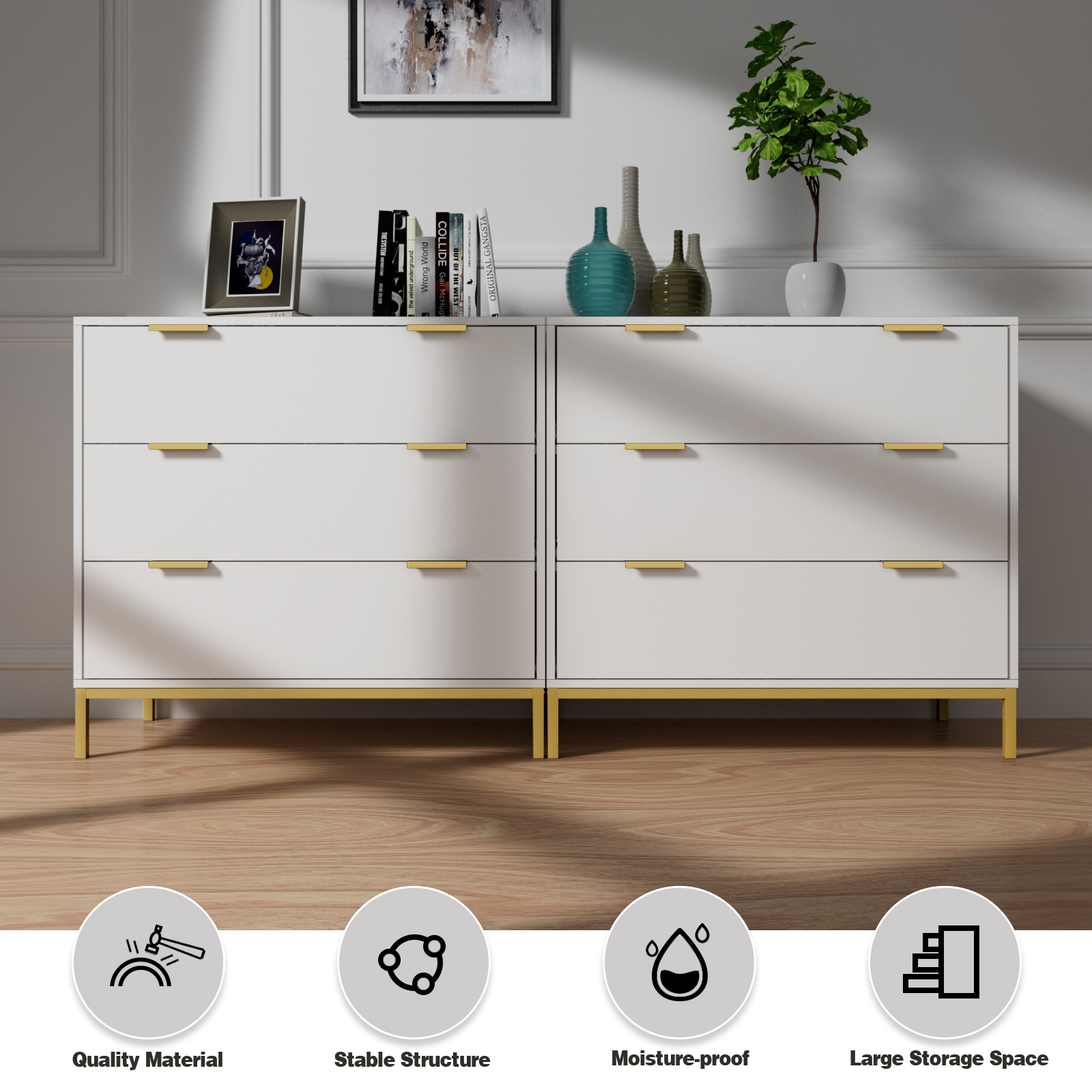 Anmytek Modern 3 Drawer Chest Dresser with Gold Metal Legs
