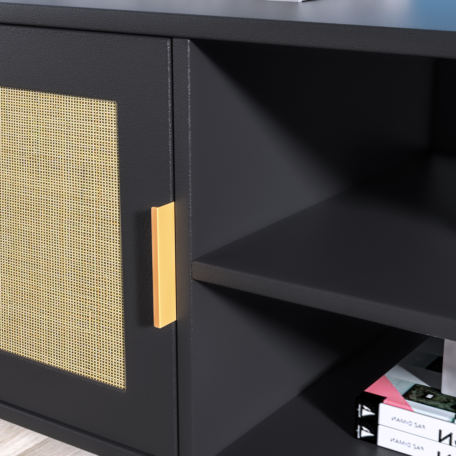Anmytek Rattan TV Stand for 55 Inches TV Mid Century Modern