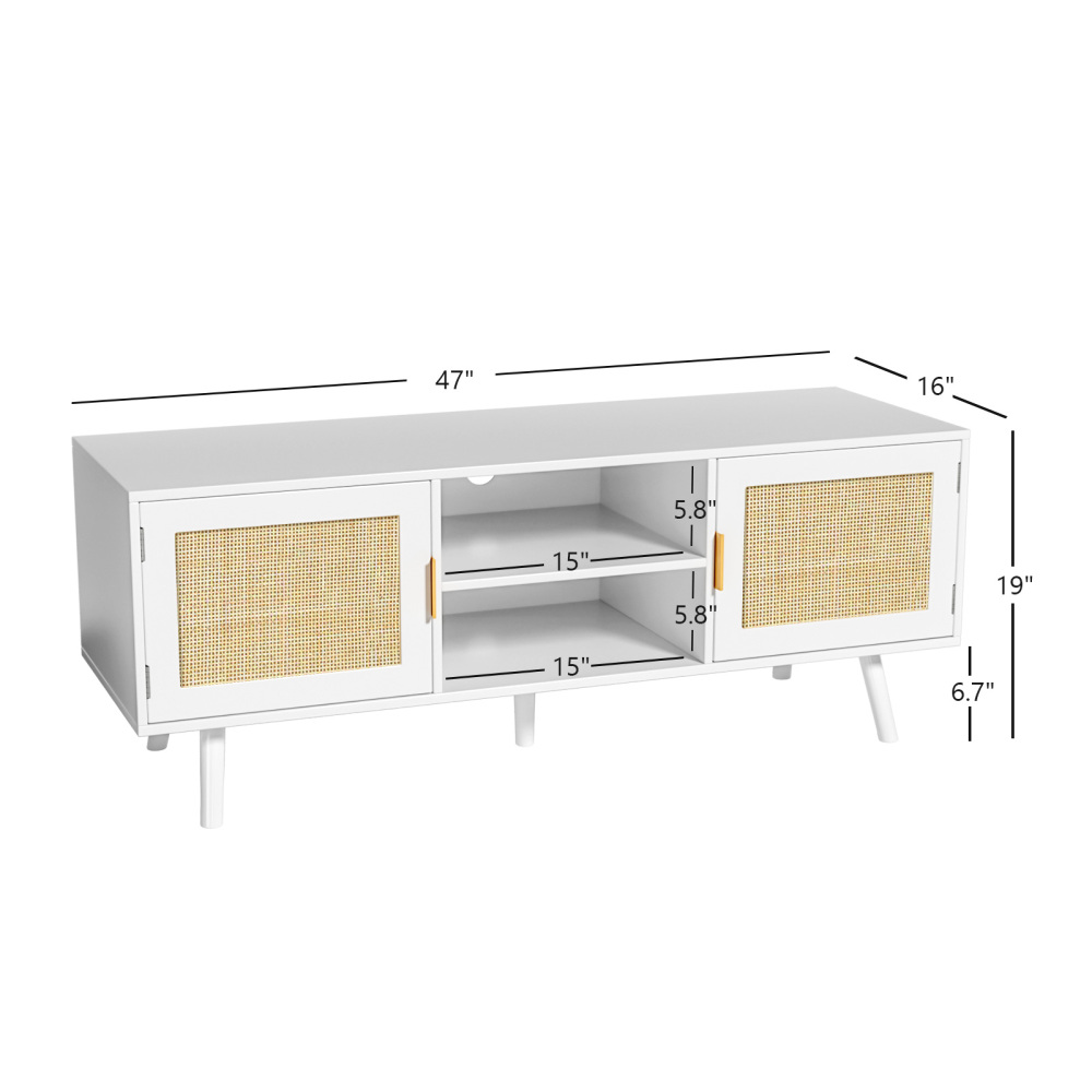 Wood TV Stand with 2 Rattan Doors Console Table