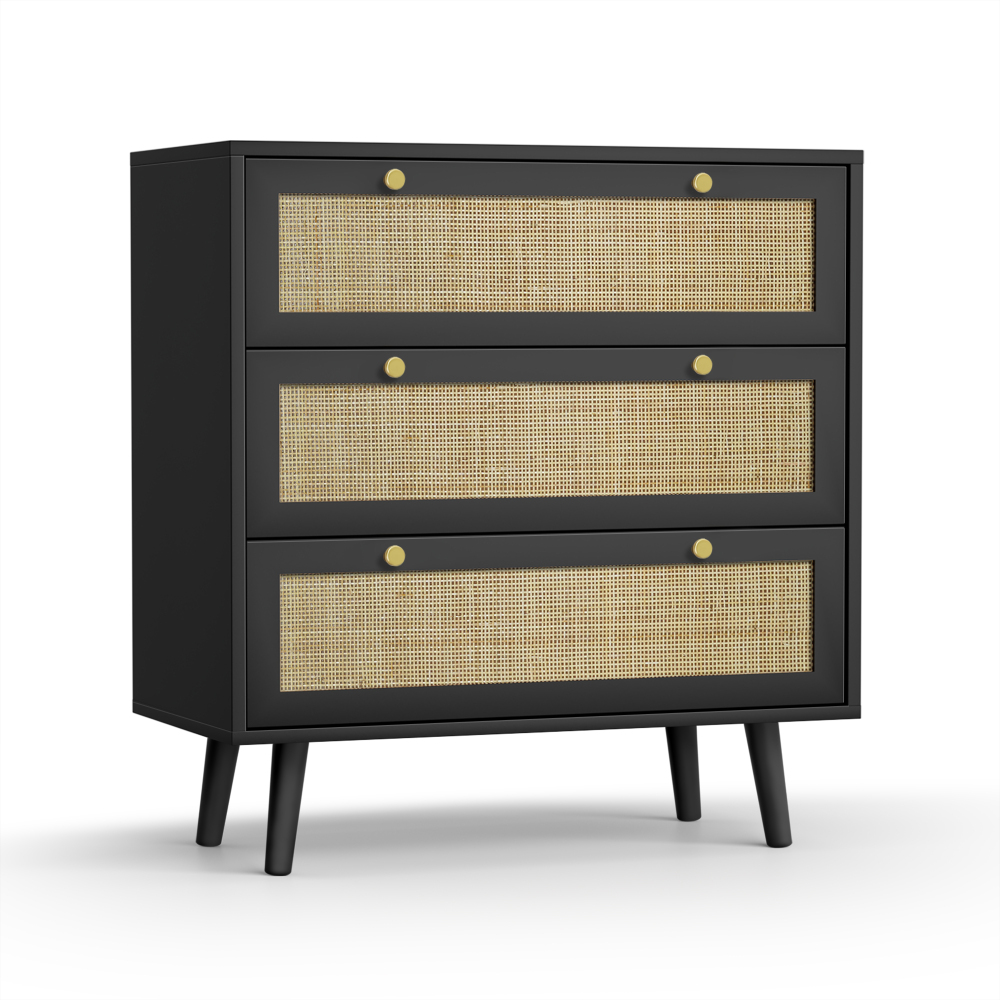 Anmytek Modern Rattan Wood Chest of 3 Drawer Dresser with Spacious Storage for Bedroom Living Room, Rustic Oak