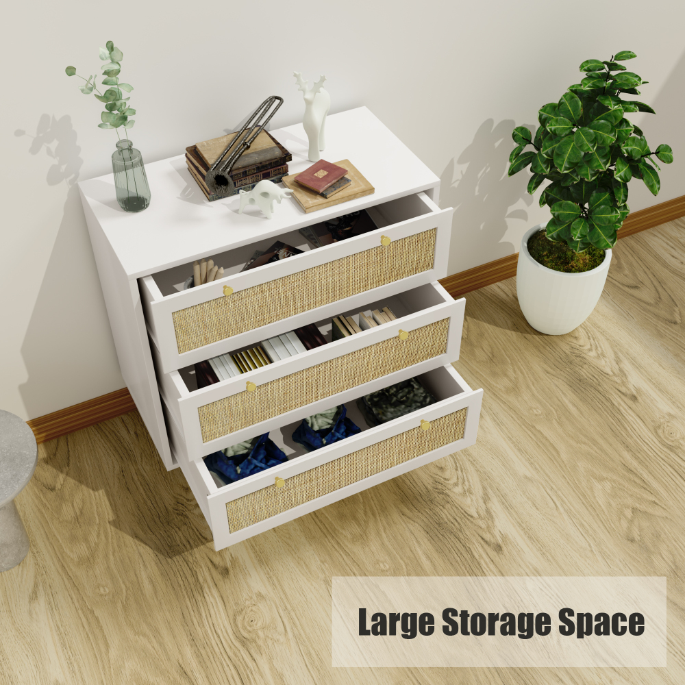 Anmytek Modern Rattan Wood Chest of 3 Drawer Dresser with Spacious Storage