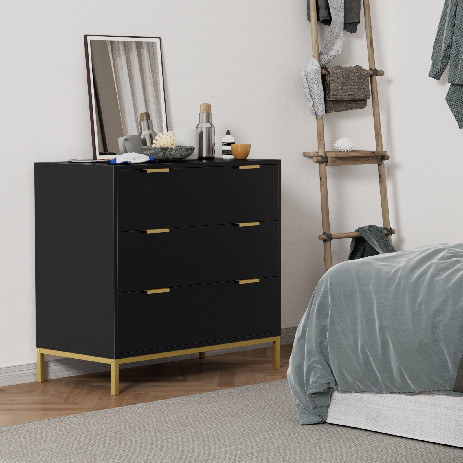 Anmytek Modern 3 Drawer Chest Dresser with Gold Metal Legs
