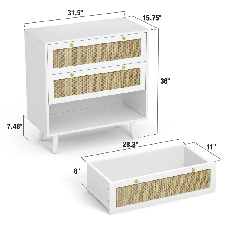 Anmytek Modern Rattan Wood Chest of 3 Drawer Dresser with Spacious Storage for Bedroom Living Room, Rustic Oak