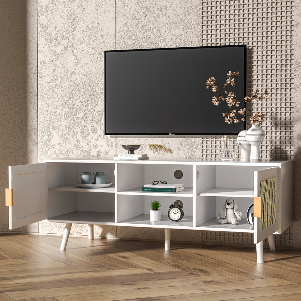 Wood TV Stand with 2 Rattan Doors Console Table