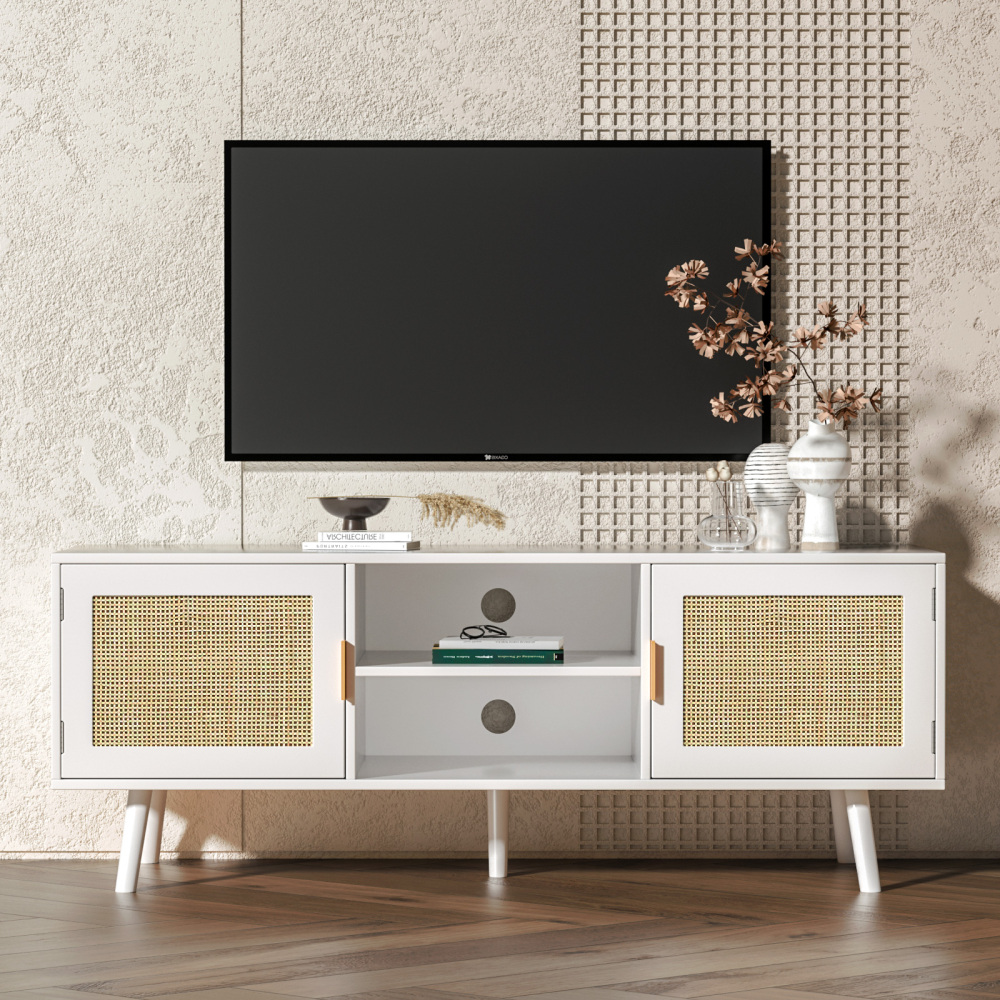 Anmytek Wood TV Stand with 2 Rattan Doors Console Table