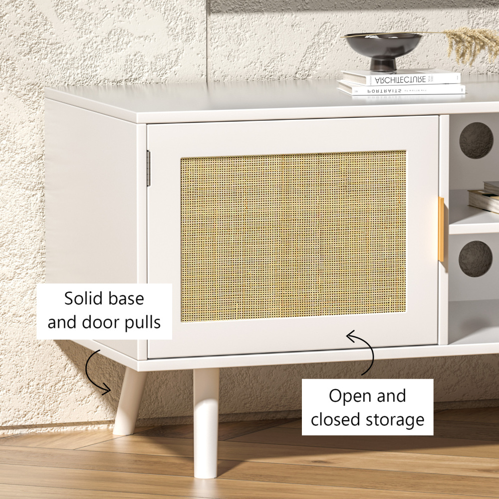 Wood TV Stand with 2 Rattan Doors Console Table