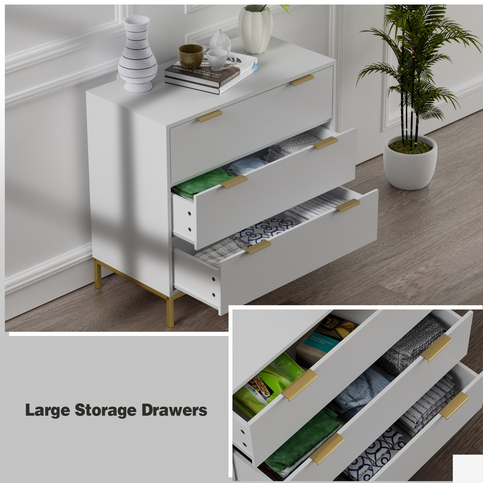 Anmytek Modern 3 Drawer Chest Dresser with Gold Metal Legs