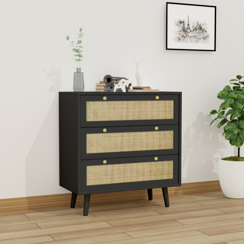 Anmytek Modern Rattan Wood Chest of 3 Drawer Dresser with Spacious Storage for Bedroom Living Room, Rustic Oak