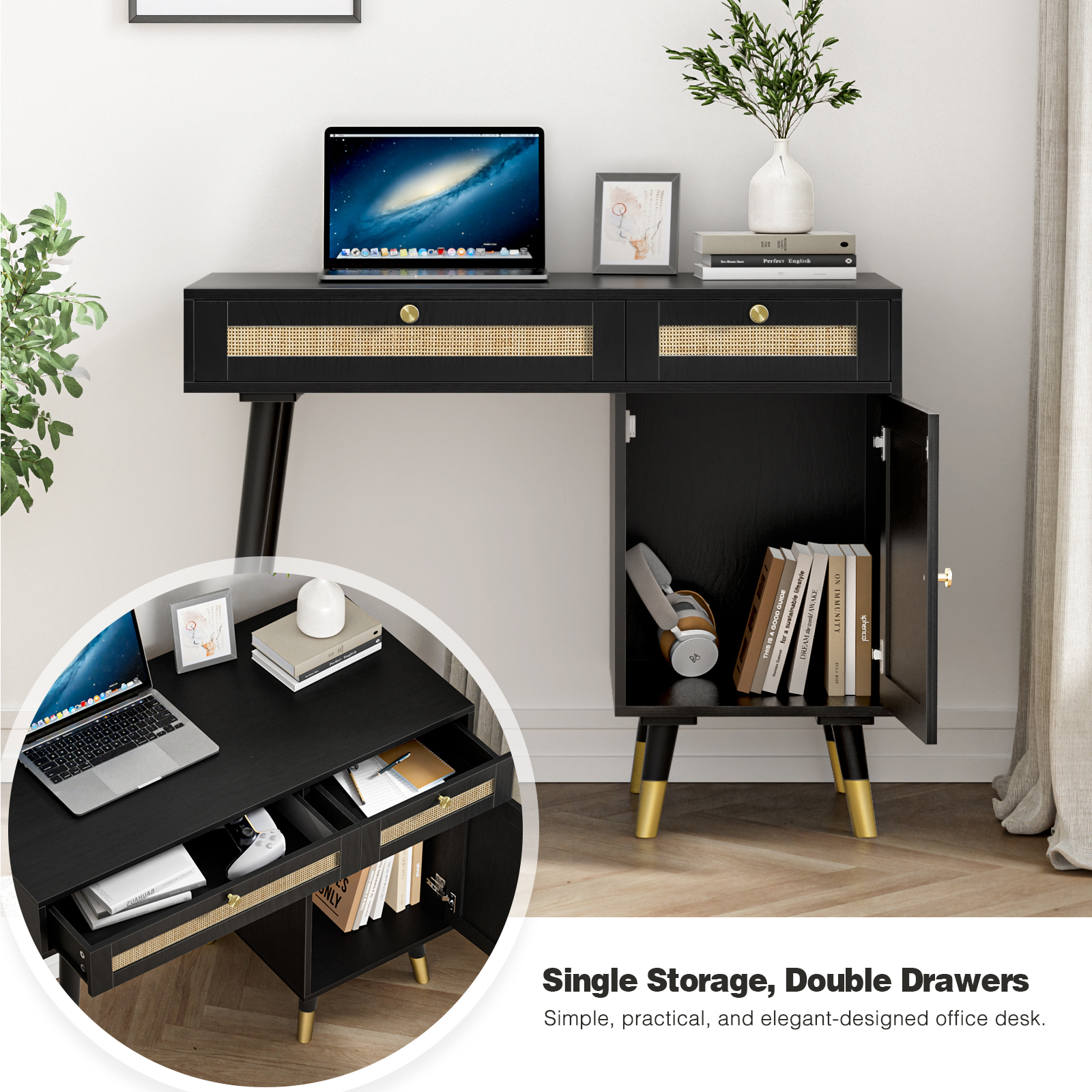 Anmytek Rattan Vanity Desk with Drawers and Storage Office Desk Computer Desk