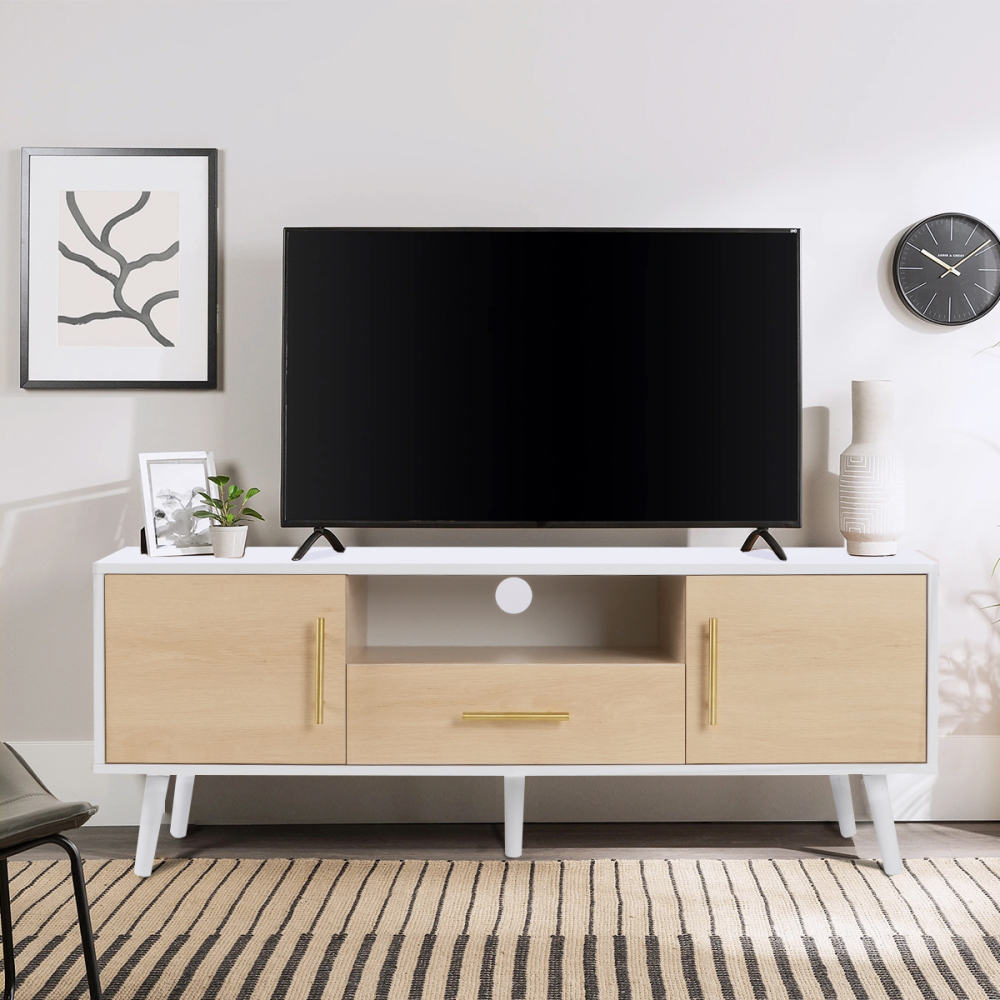 Anmytek Wood TV Stand with 2 Rattan Doors Console Table