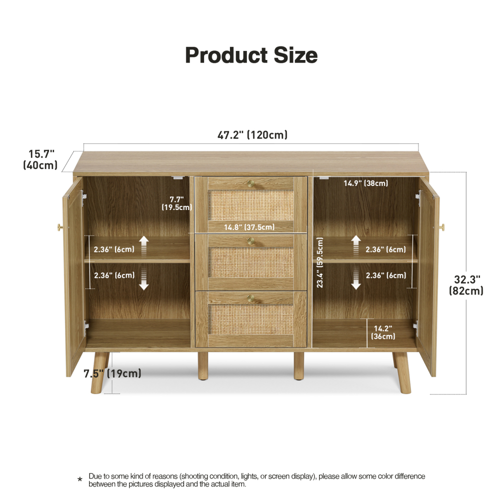 Rattan Sideboard Buffet Cabinet, 3 Drawers and 2 Doors