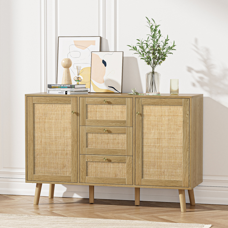 Rattan Sideboard Buffet Cabinet, 3 Drawers and 2 Doors